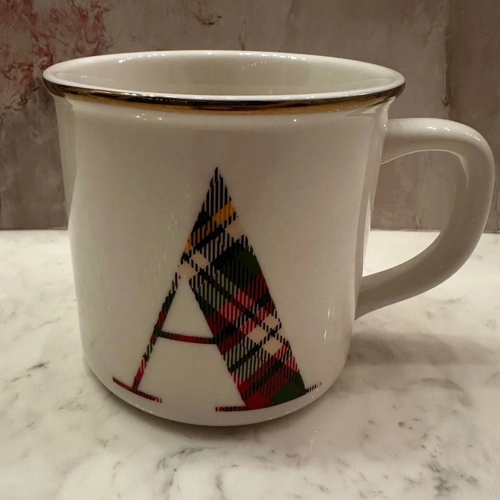 Pottery Barn Monogram Letter A Plaid Ceramic Coffee Mug Gold Rim RL Xmas Preppy